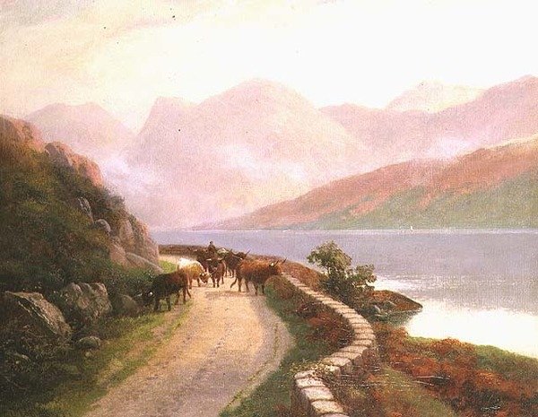 Condutor com vacas junto ao Lago Buttermere, à noite de H.R. Hall