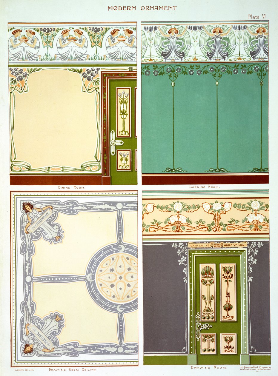 Projetos para parede e sala de tratamentos, tetos, dadoes, frisos etc, placa VI de &39;Modern Ornament&39; c. 1885-95 de H.Summerfield Rogerson