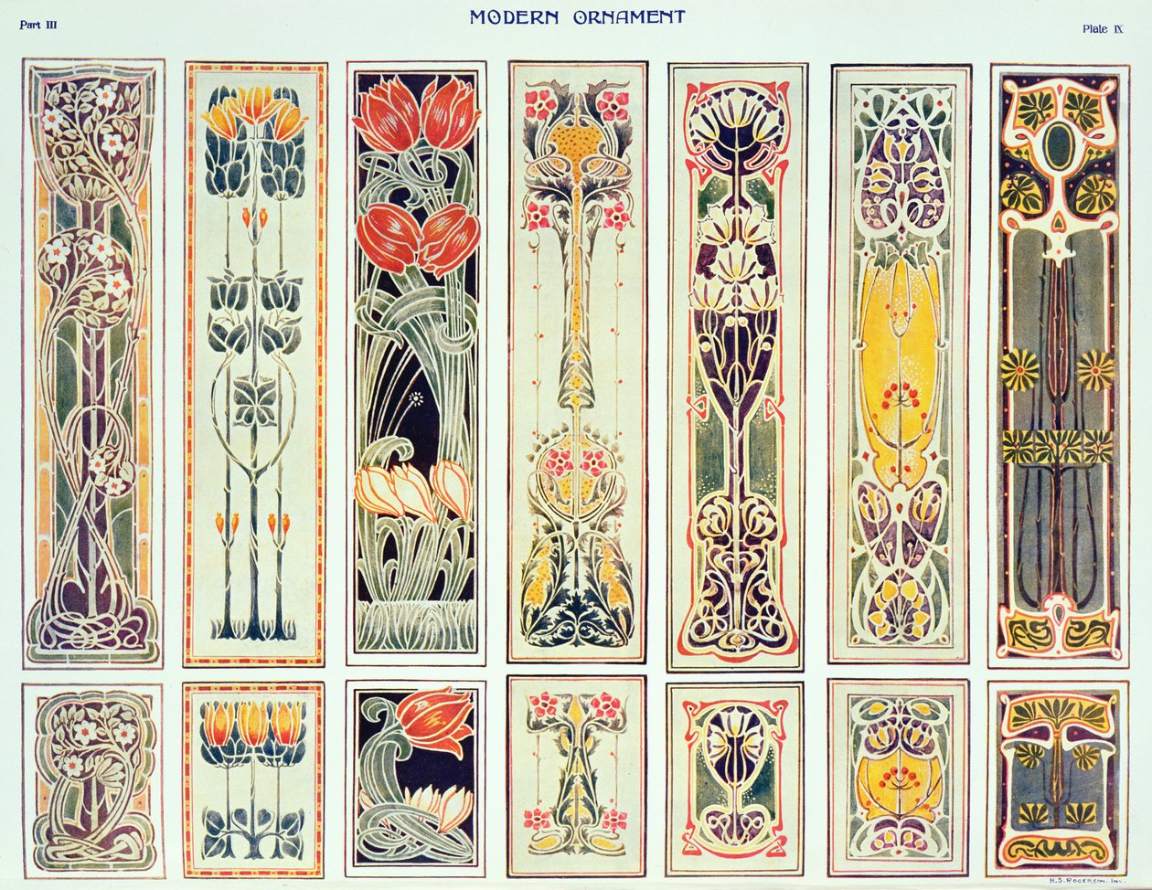 Seleção de projetos de painéis, placa IX de &39;Modern Ornament&39; publicado pela Decorative Art Journal Company Ltd. c.1900 de H.Summerfield Rogerson