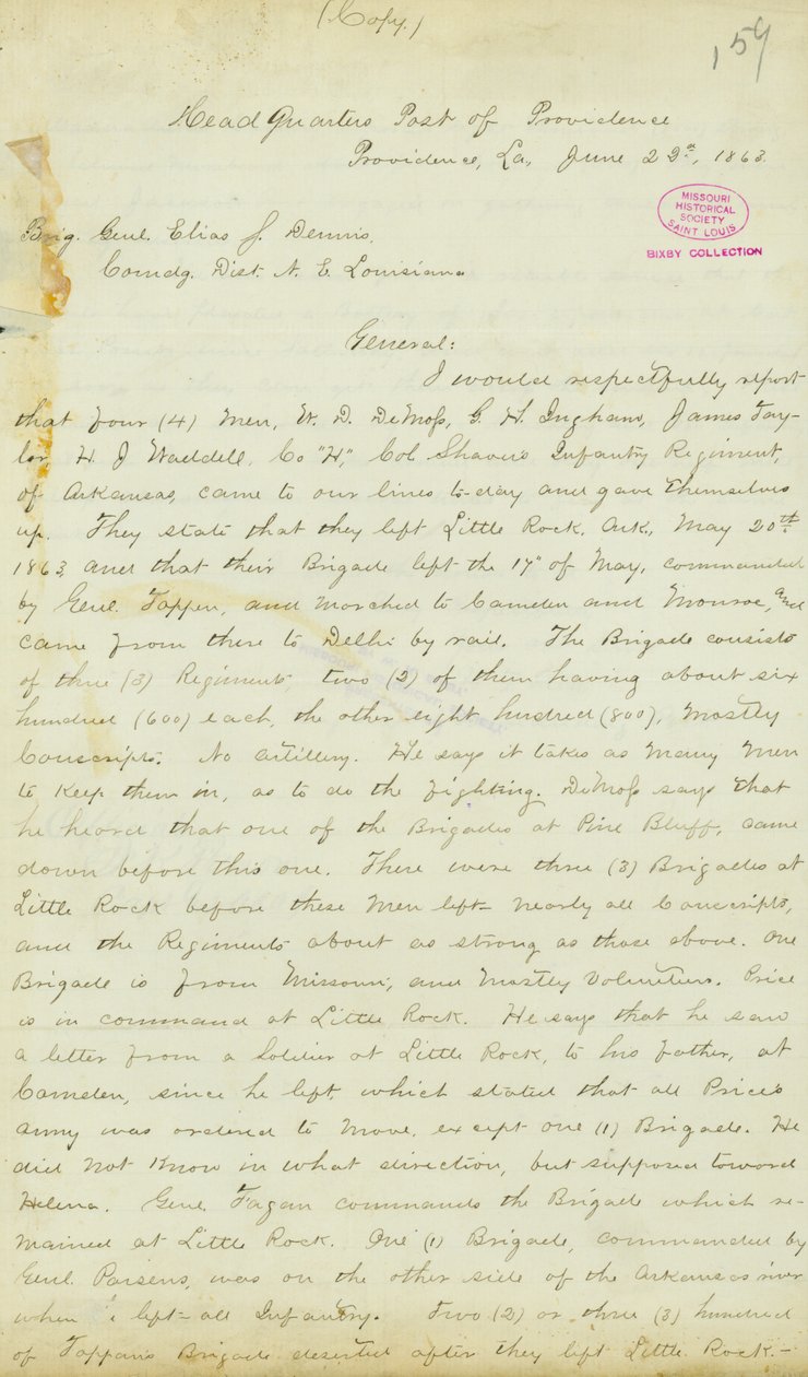 Carta de H. T. Reid, quartel-general, Posto de Providência, Louisiana, ao Brigadeiro-General Elias S. Dennis, 22 de Junho de 1863 de H.T. Reid
