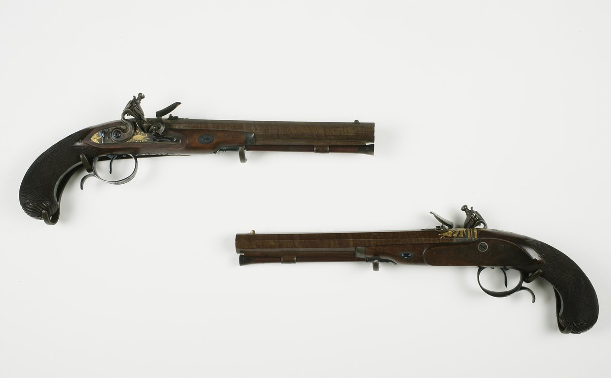 Par de Pistolas de Duelo Flintlock, c.1780-1800 (mídia mista) de H.W. Mortimer and Sons