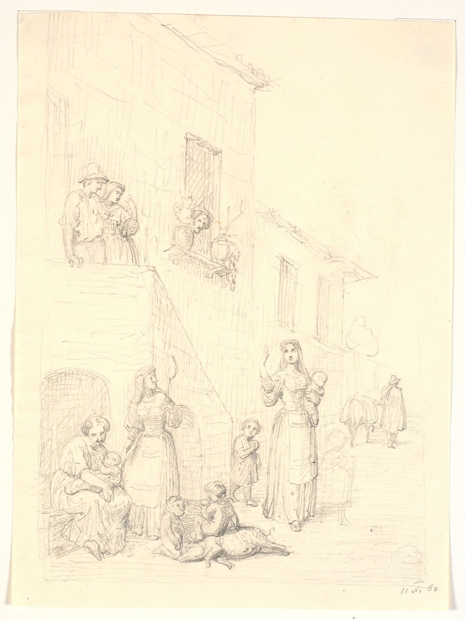 Mulheres e crianças fora de uma casa italiana de H.W. Bissen