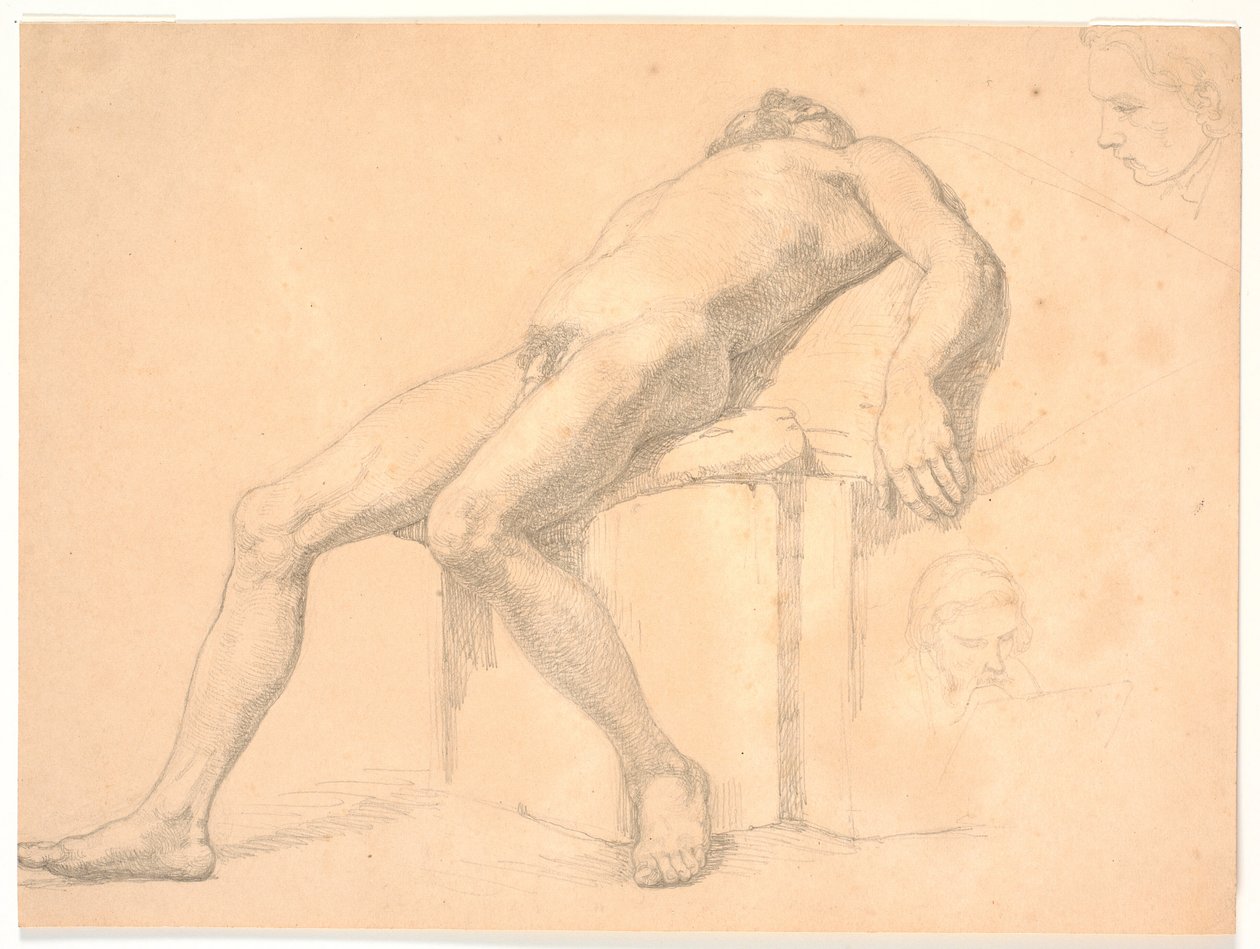 Estudo de modelo masculino, nu, reclinado. º. duas cabeças de retrato, uma possivelmente Constantin Hansen de H.W. Bissen