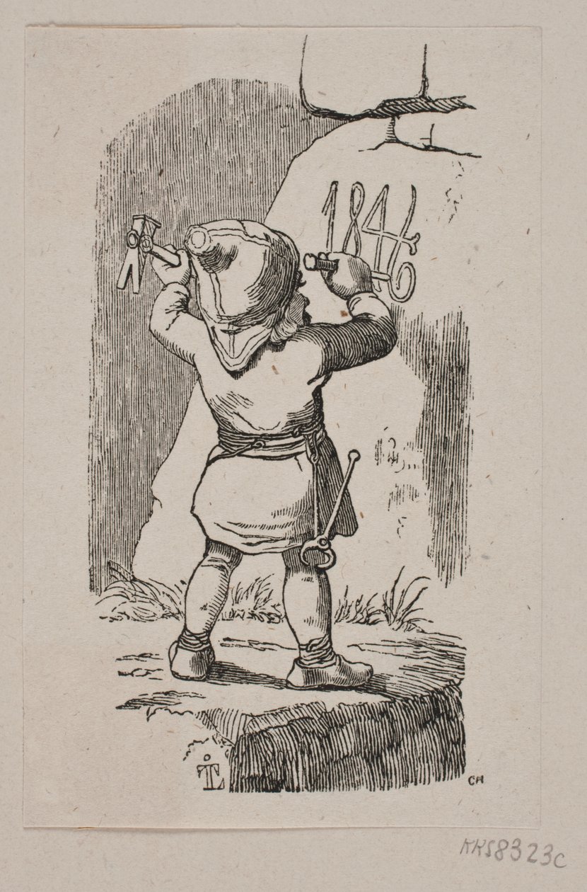 Um goblin esculpe o ano de 1846 em uma rocha de H. C. Henneberg