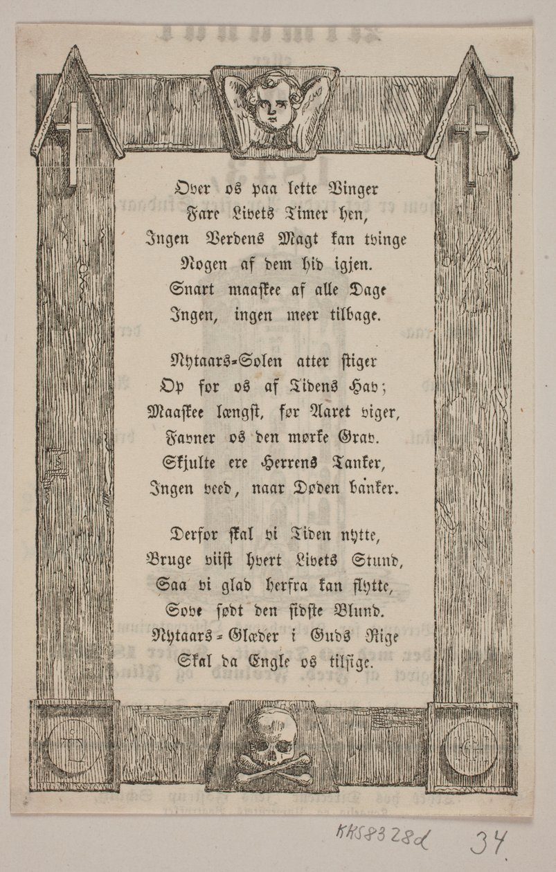 Enquadramento com cabeça de anjo, cruz e caveira de H. C. Henneberg