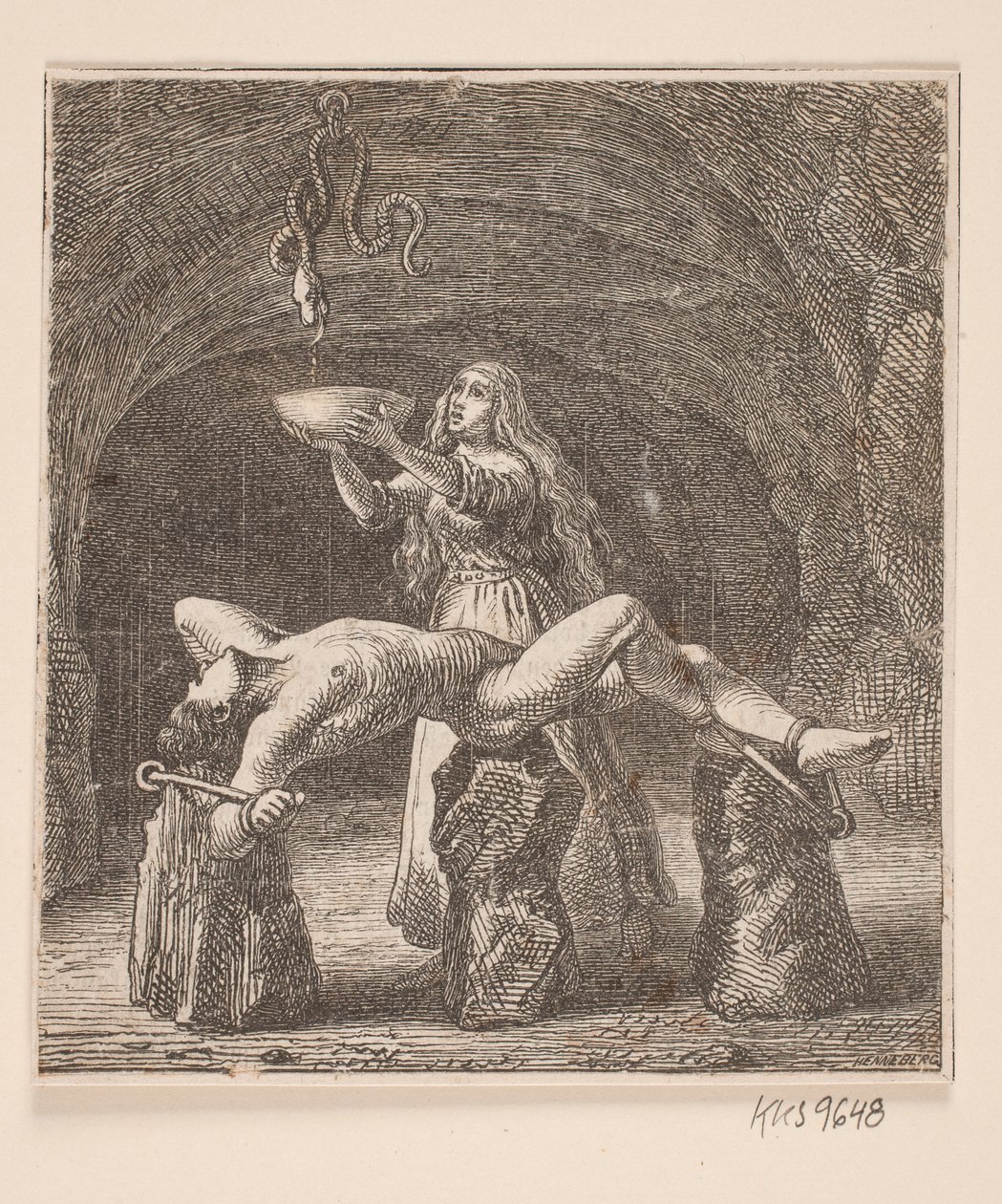 Sigyn segura a tigela entre a serpente e Loki de H. C. Henneberg