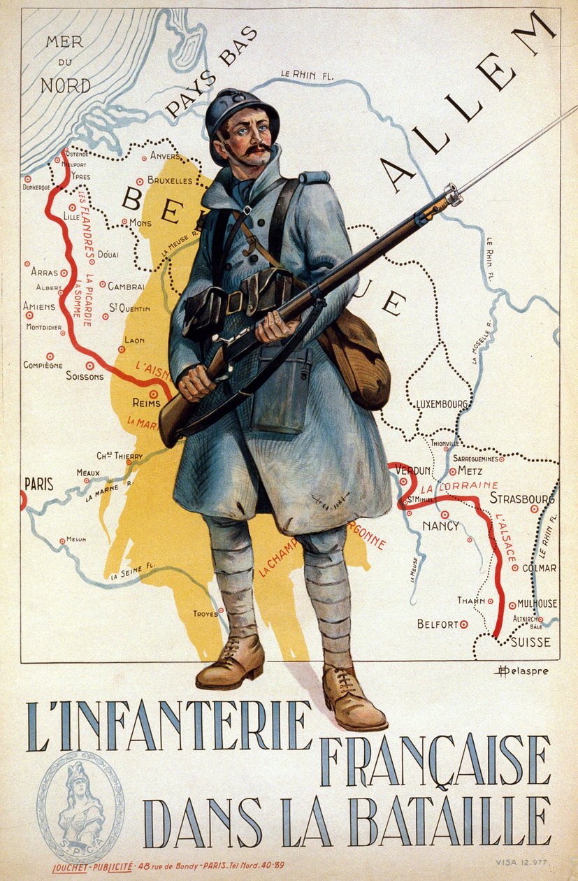Infantaria francesa em batalha (a linha vermelha representa a linha Hindenburg) - doente por H. Delaspre de H. Delaspre