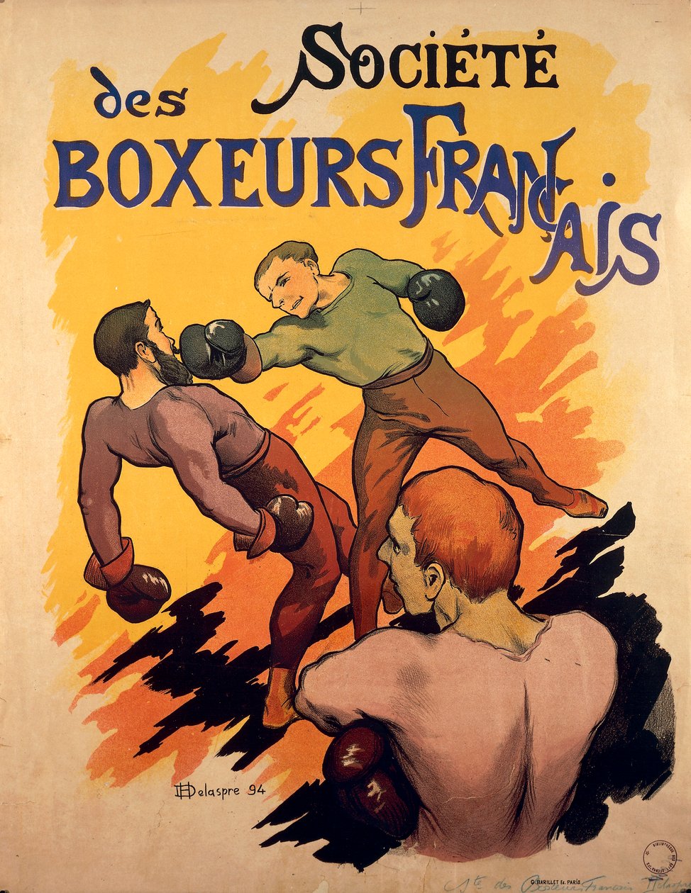 Societe des Boxeurs Francais, boxeadores franceses ilustração publicitária da Delaspre de H. Delaspre