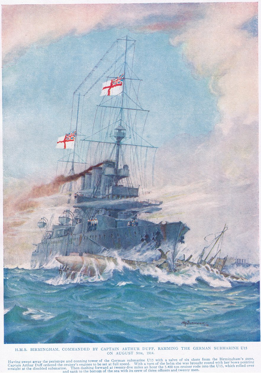 HMS Birmingham comandado pelo capitão Arthur Duff, atacando o submarino alemão U15 em 9 de agosto de 1914, ilustração de "Deeds that Thrill the Empire", publicado pela Hutchinson und Co., c.1920 (cor li de H. G. Swanwick