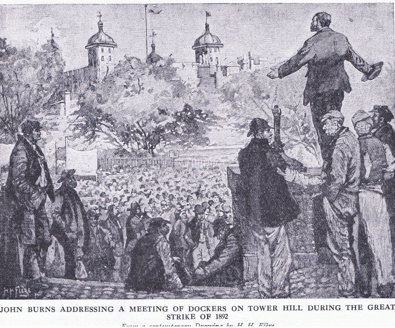 John Burns dirigindo-se a uma reunião de estivadores em Tower Hill durante a Grande Greve de 1892, da revista Cassells História do Povo Britânico publicada pela Waverley Book Company Limited, c.1940 de H. H. Flere