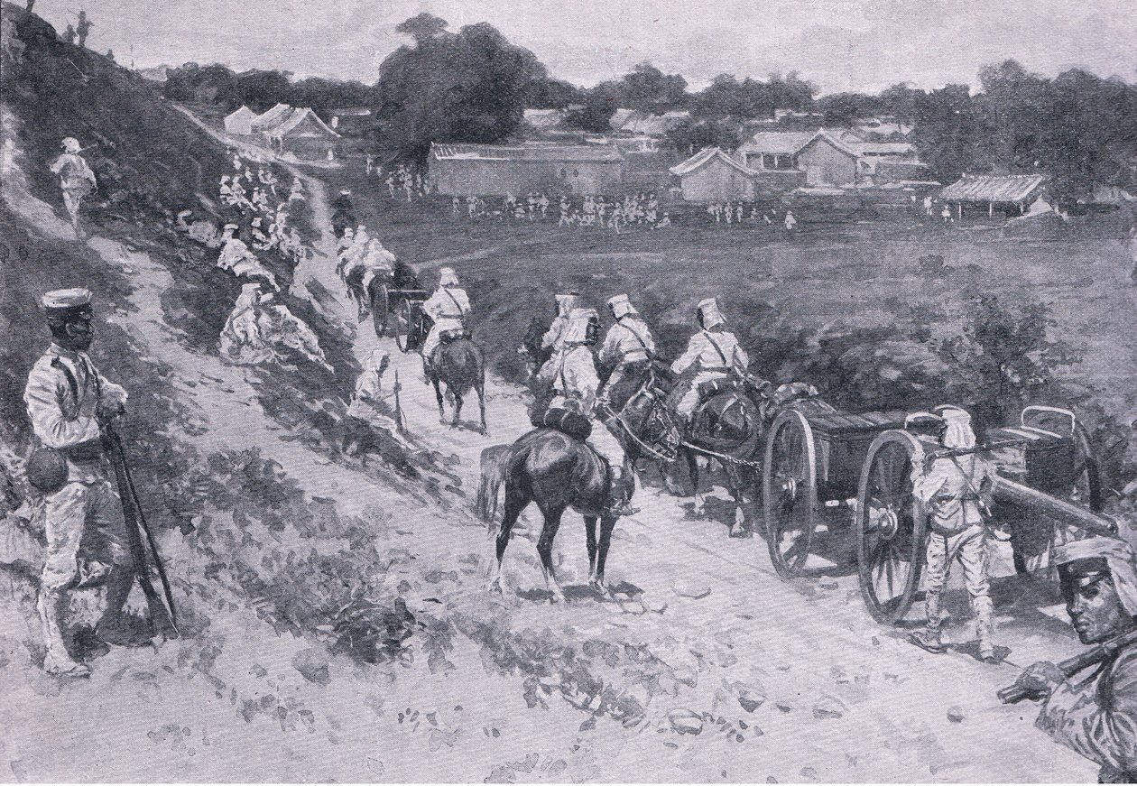 A expedição do Almirante Seymour: Tropas japonesas em marcha (litho) de H. M. Koekkoch