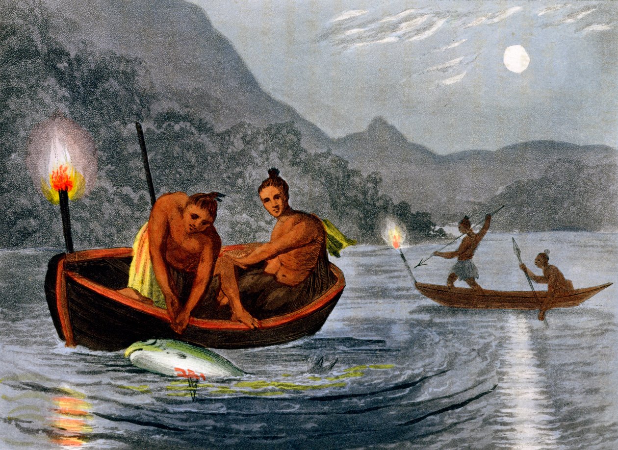 Nativos americanos pescando à luz de tochas na América do Norte, 1813 de H Merke