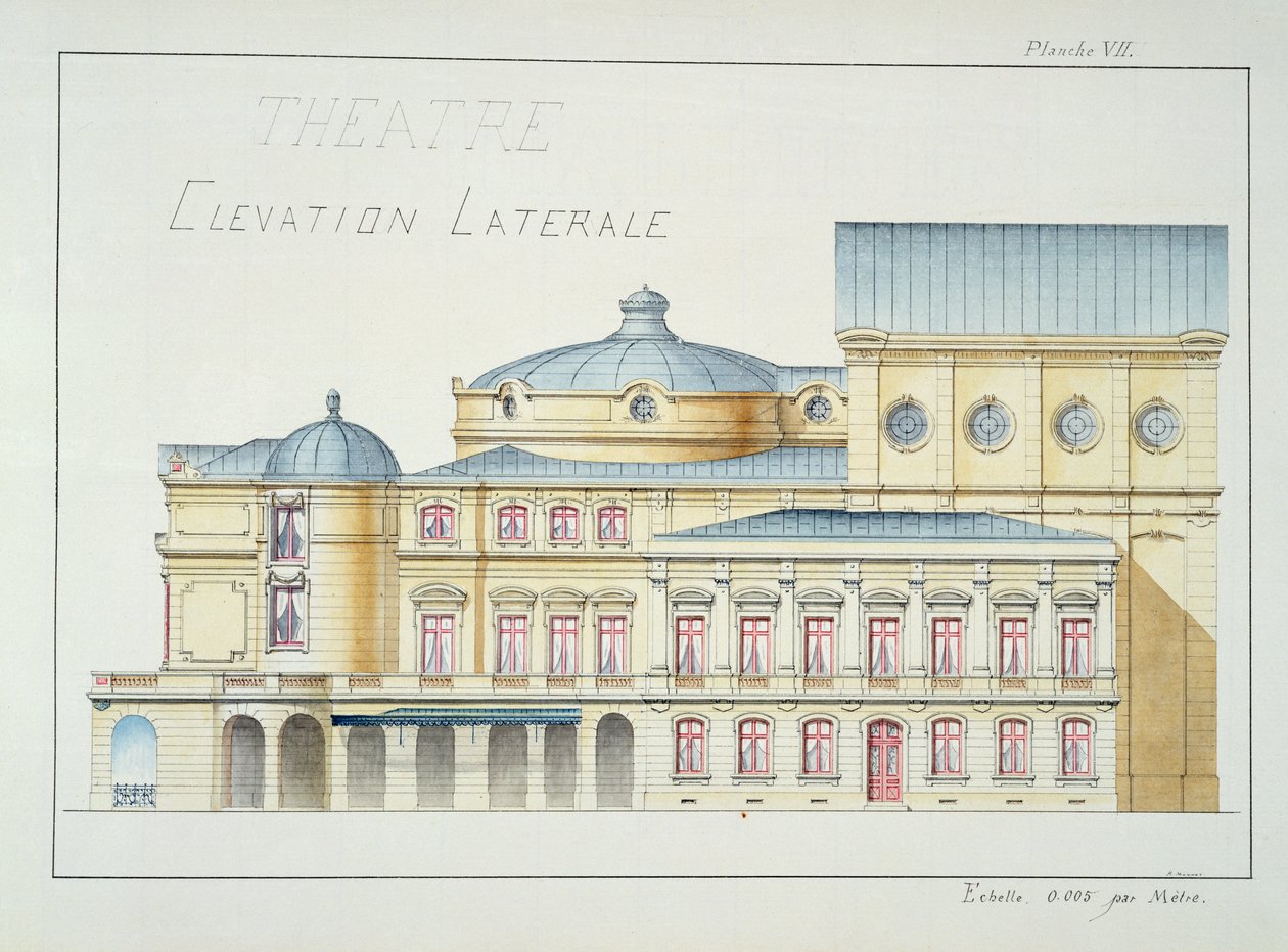 Elevação lateral de um teatro, placa VII de um fólio de desenhos, c.1870 de H. Monnot