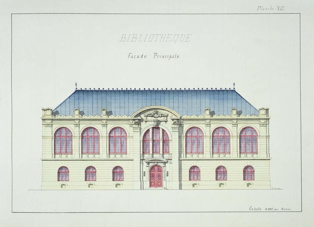Fachada principal de uma biblioteca, placa XII de um fólio de desenhos, c.1870 de H. Monnot