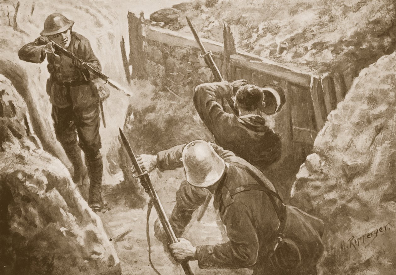 O soldado J. Hutchinson atirando em duas sentinelas alemãs ao liderar um ataque a uma vala alemã de H. Ripperger