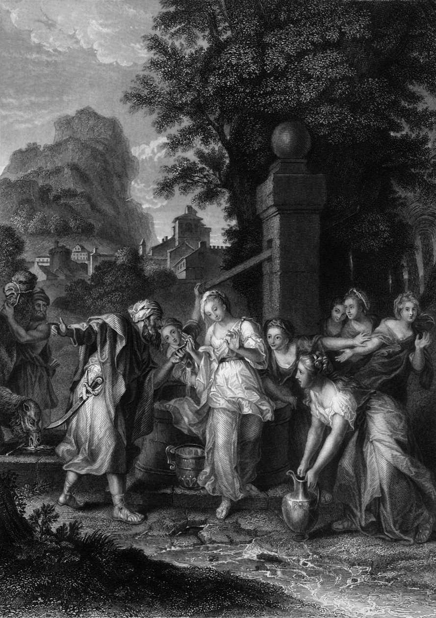 A reunião de Eliezer e Rebecca no poço, século XIX. de H. Robinson