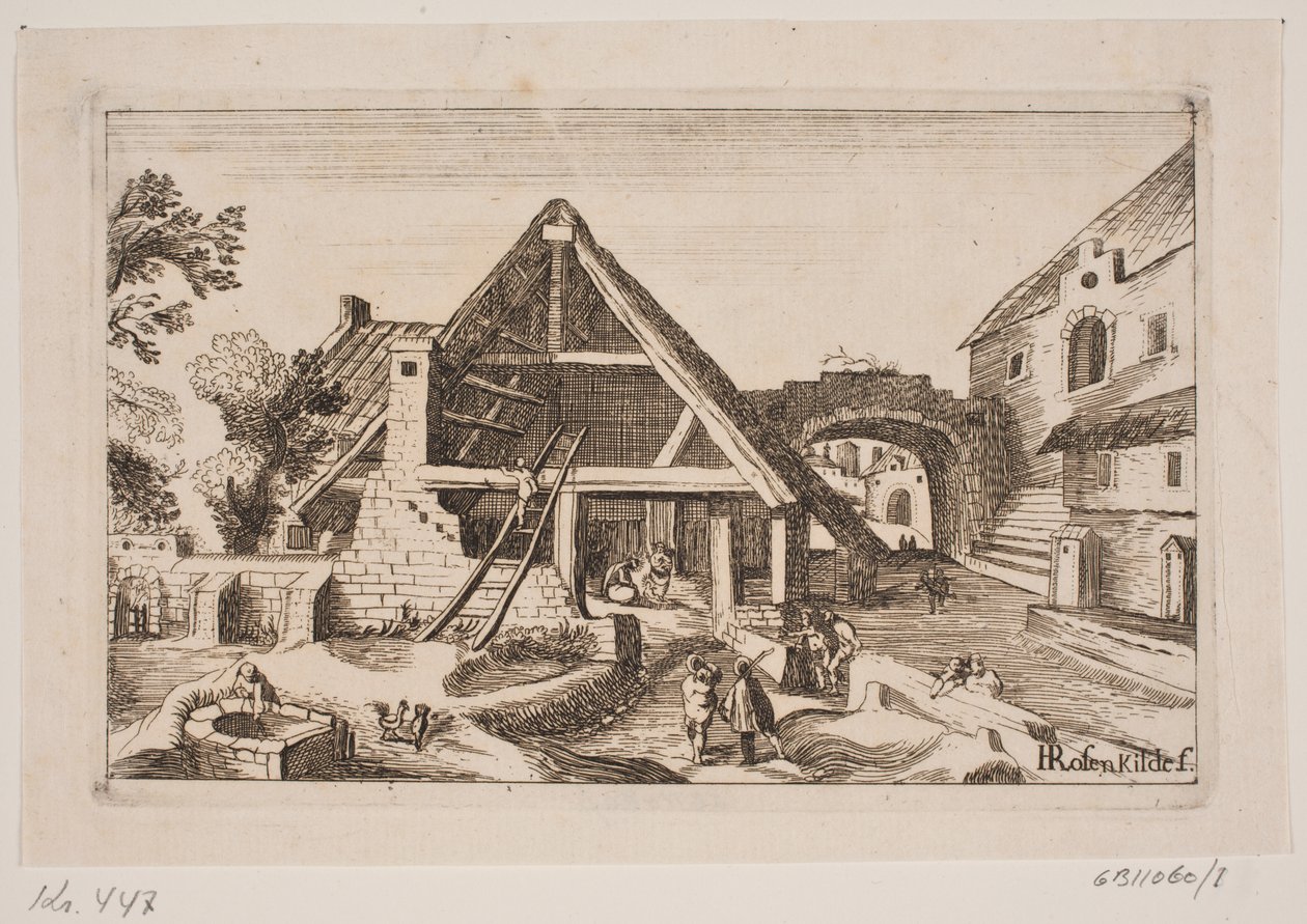 Interior da cidade com celeiro e nascimento de Jesus de H. Rosenkilde