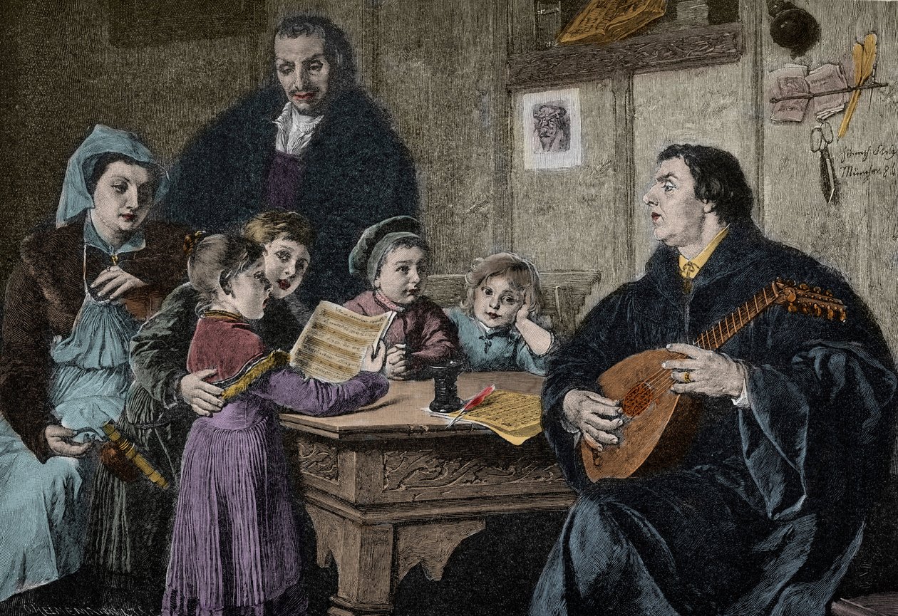 Martin Luther (1483-1546) no meio da sua família (gravura depois de H Stelzner) de H. Stelzner