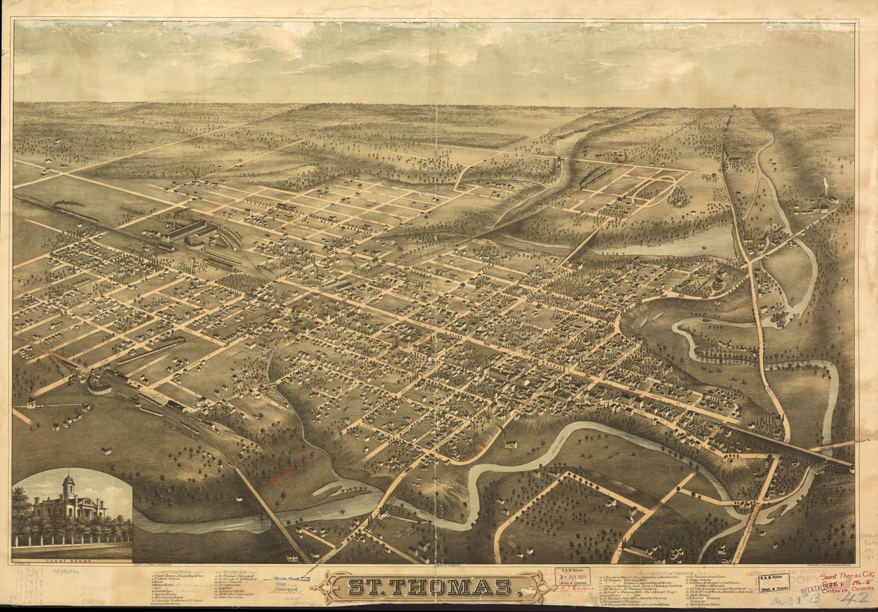 Mapa de perspectiva não desenhado em escala. Orientado com o norte em direção ao canto inferior esquerdo. Vista aérea. LC Panoramic maps (2ª ed.), 1074 Disponível também no site da Library of Congress como imagem raster. Inclui ilus. e índice de pontos de  de H.; Stoner Brosius