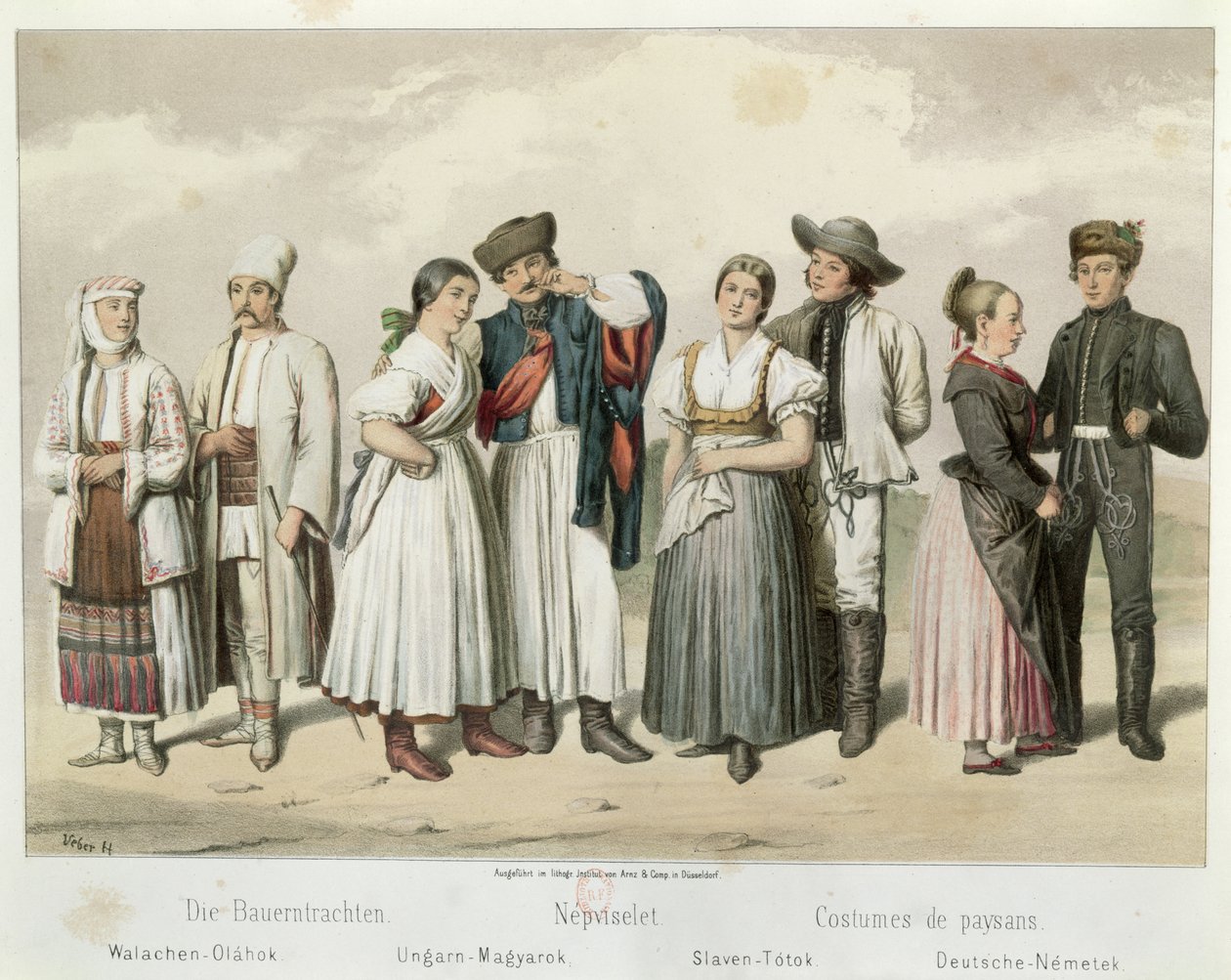 Trajes de camponeses de (da esquerda para a direita) a Romênia, Hungria, Eslováquia e Alemanha, de &39;Esboços da vida do povo húngaro&39; por Gabriel de Pronay, 1855 de H. Veber