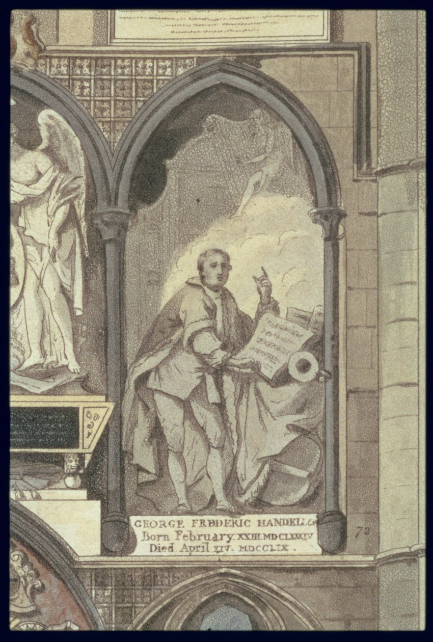 Lado oeste do canto dos poetas, placa 25 da Abadia de Westminster, detalhe do Monumento fúnebre de George Frederick Handel 1685-1759, gravado por J. Bluck fl.1791-1831 pub. por Rudolph Ackermann 1764-1834 1 de H. Villiers