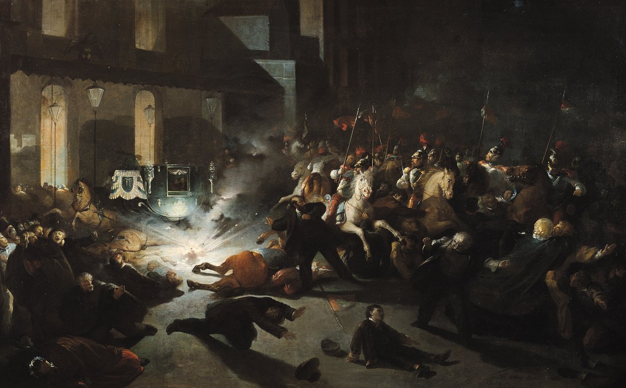 Tentativa de assassinato do imperador Napoleão III (1808-1873) por Felice Orsini (1819-1859) em 14 de janeiro de 1858, 1862 de H. Vittori Romano