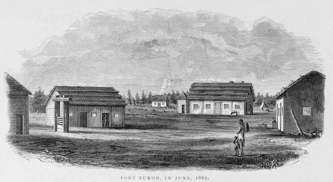 Fort Yukon, junho de 1867, de "Alaska and its Resources", de William H. Dall, gravado por John Andrew, pub. 1870 de H. W., Elliot