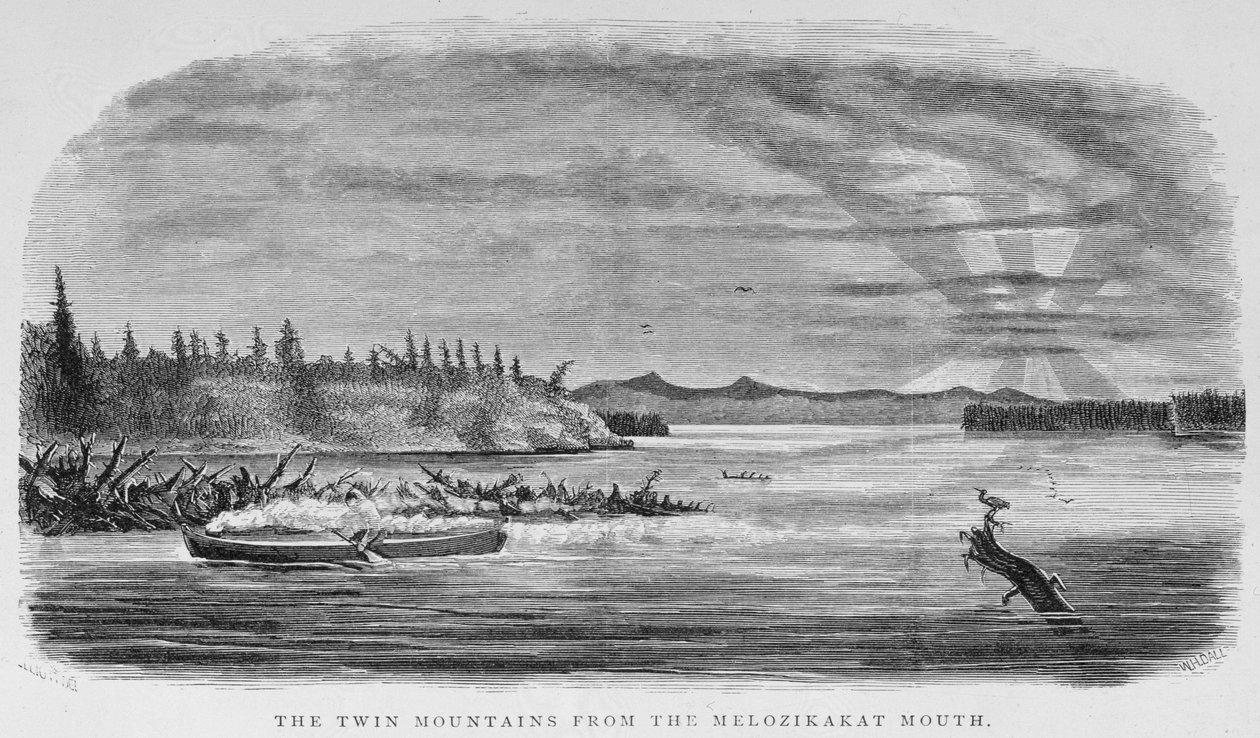 As montanhas gêmeas da boca de Melozikakat, de "Alaska e seus recursos", por William H. Dall, gravado por John Andrew, bar. 1870 de H. W., Elliot