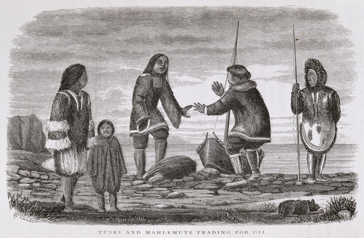 Tuski e Mahlemuts Trading for Oil, de &39;Alaska e seus recursos&39;, por William H. Dall, gravado por John Andrew, pub. 1870 de H. W., Elliot