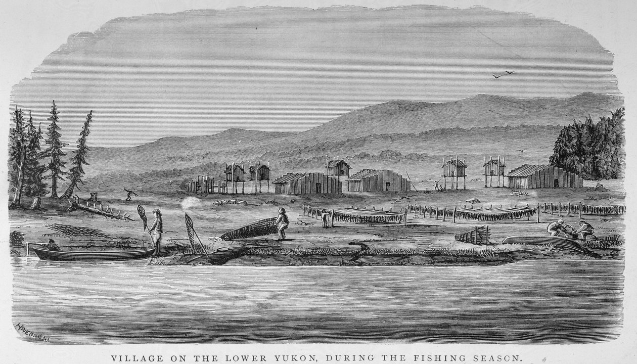 Vila no Yukon inferior, de "Alaska e seus recursos", por William H. Dall, gravado por John Andrew, bar. 1870 de H. W., Elliot