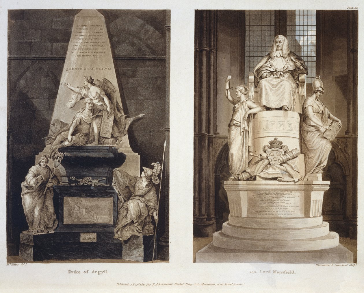 Túmulos do duque de Argyll e Lord Mansfield, placa 56 da Abadia de Westminster, gravada por Williamson e Thomas Sutherland, pub. por Rudolph Ackermann (1764-1834) 1811 (aquatinta) de H. after Villiers