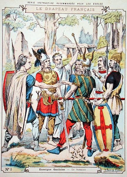 Guerreiros gauleses fazendo um juramento, de uma manga protectora para livros escolares, no final do século XIX (cor litho) de H. and Louis R. Feist