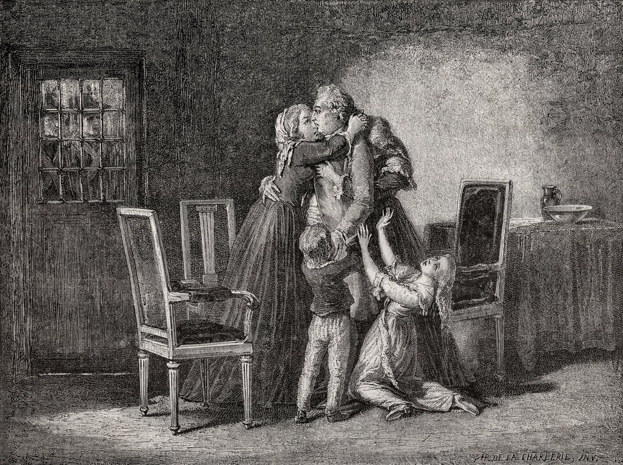 O último adeus da família real, de 20 de janeiro de 1793, gravado por Carbonneau, de "Histoire de la Revolution Française", de Louis Blanc (1811-82) de H. de la Charlerie