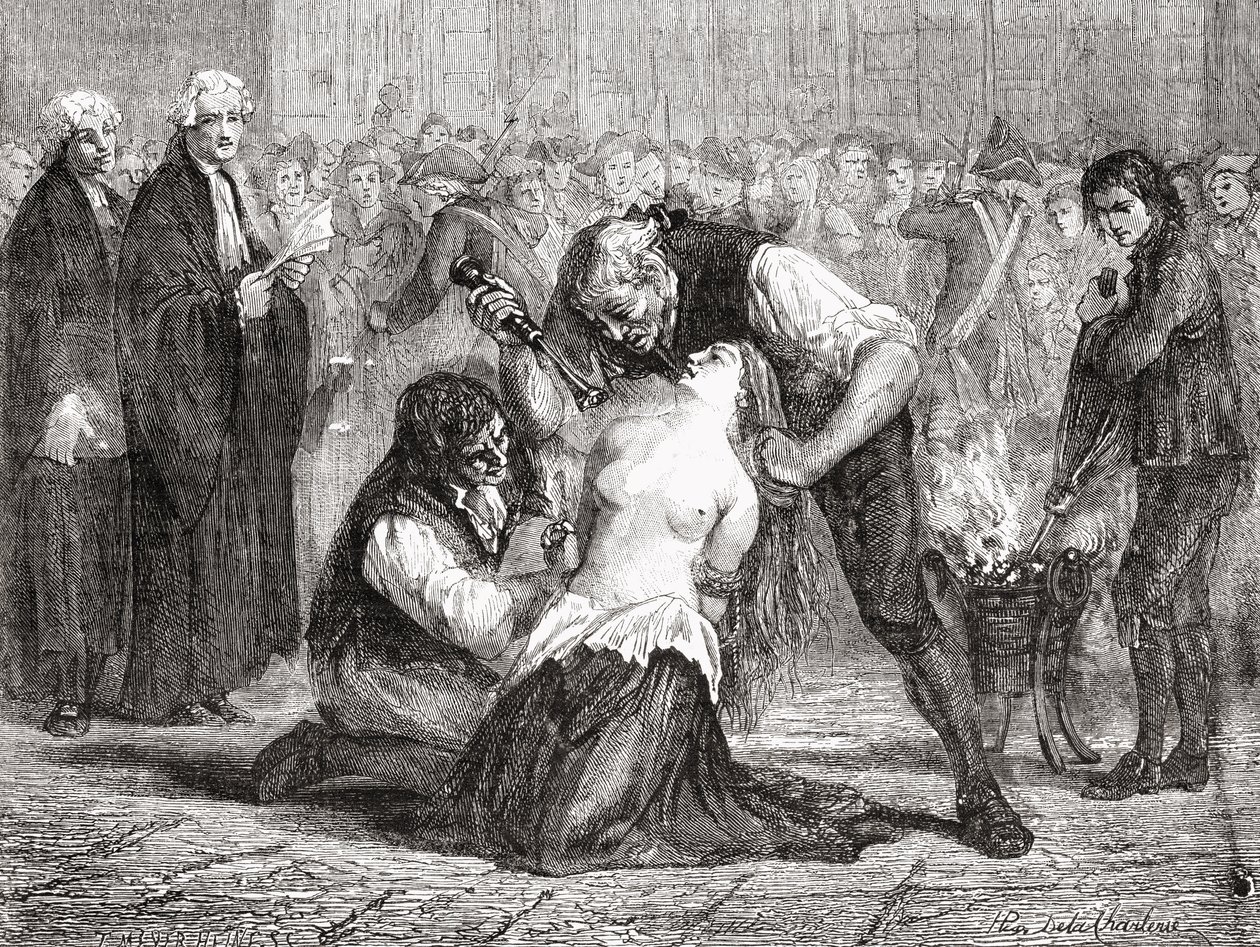 A Tortura de Madame de la Motte, gravada por Meyer-Heine, de "Histoire de la Revolution Française" de Louis Blanc (1811-82) de H. de la Charlerie