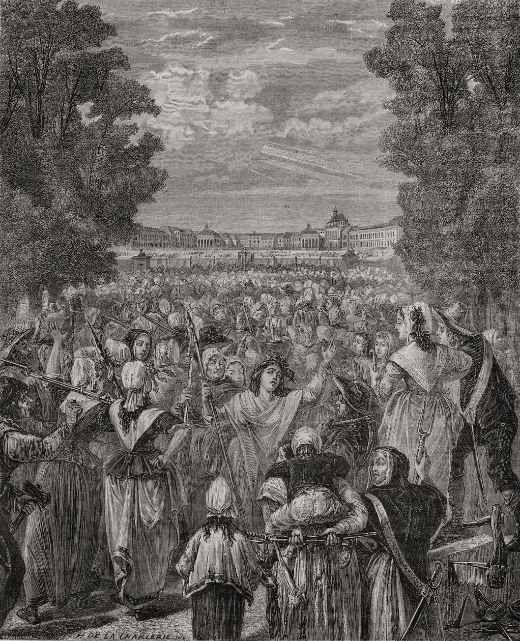 As mulheres marcham sobre Versalhes, de 5 a 6 de outubro de 1789, gravadas por Pannemaker-Ligny, de "Histoire de la Revolution Française", de Louis Blanc (1811-82) de H. de la Charlerie
