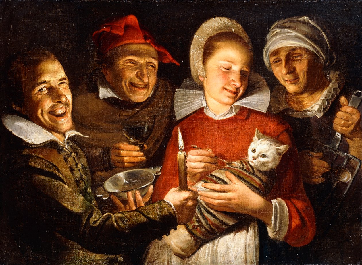 Um provérbio holandês - Uma mulher que alimenta um gato amarrado, cercado por homens, de Haarlem School