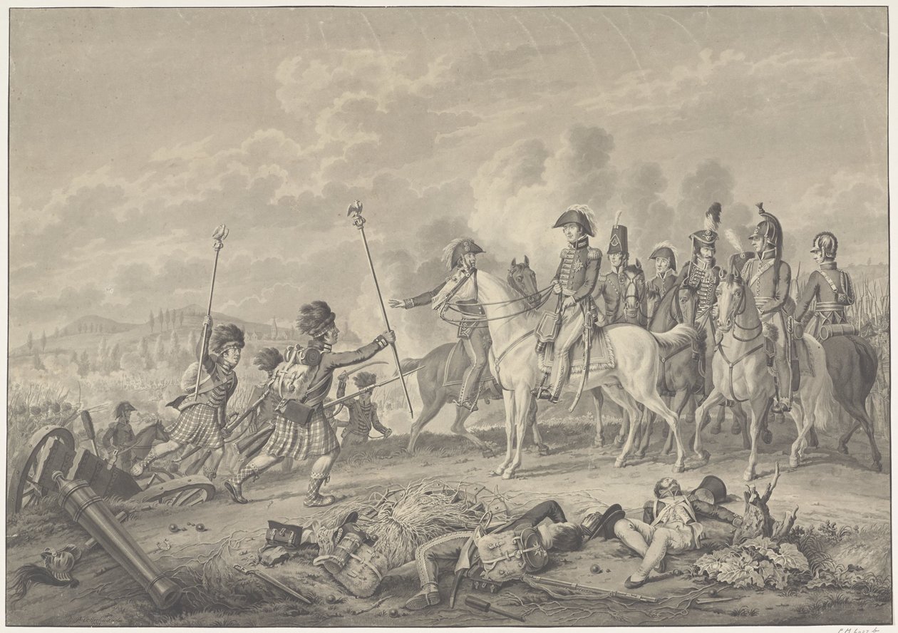Duque de Wellington recebe dois padrões com águias capturadas dos franceses na batalha de Waterloo, 1815 de Haatje Pieters Oosterhuis