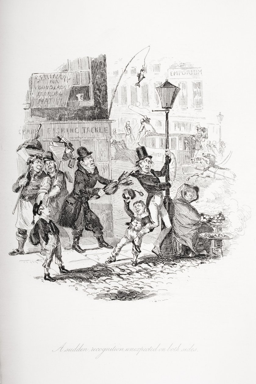 Um reconhecimento repentino inesperado em ambos os lados, ilustração de "Nicholas Nickleby" por Charles Dickens (1812-1870) publicado em 1839 de Hablot Knight Browne