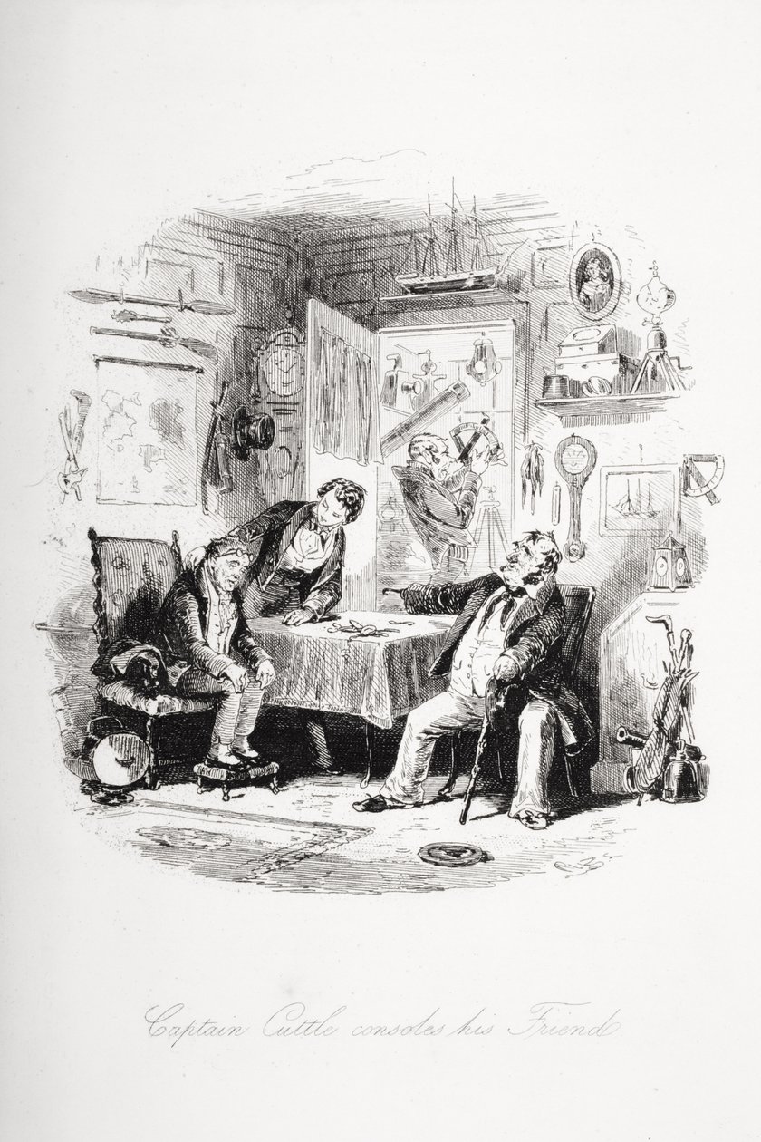 Capitão Cuttle consola seu amigo, ilustração de &39;Dombey and Son&39; de Charles Dickens (1812-1870) publicado pela primeira vez em 1848 de Hablot Knight Browne