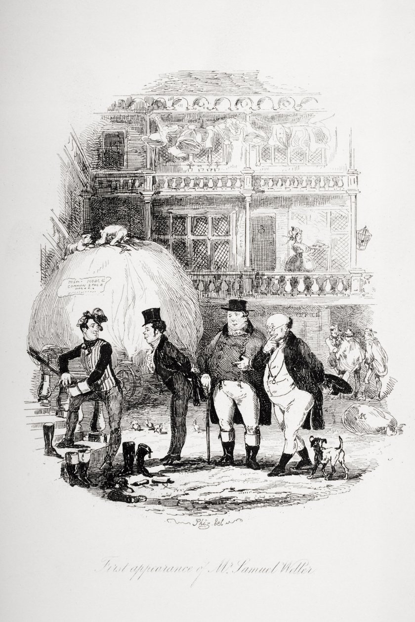 Primeira aparição do Sr. Samuel Weller, ilustração de "The Pickwick Papers", de Charles Dickens (1812-1870), publicada em 1837 de Hablot Knight Browne