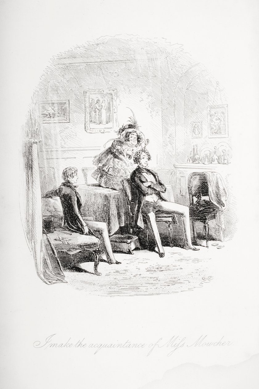 Conheço a senhorita Mowcher, ilustração de "David Copperfield", de Charles Dickens (1812-1870), publicado pela primeira vez em 1850 de Hablot Knight Browne