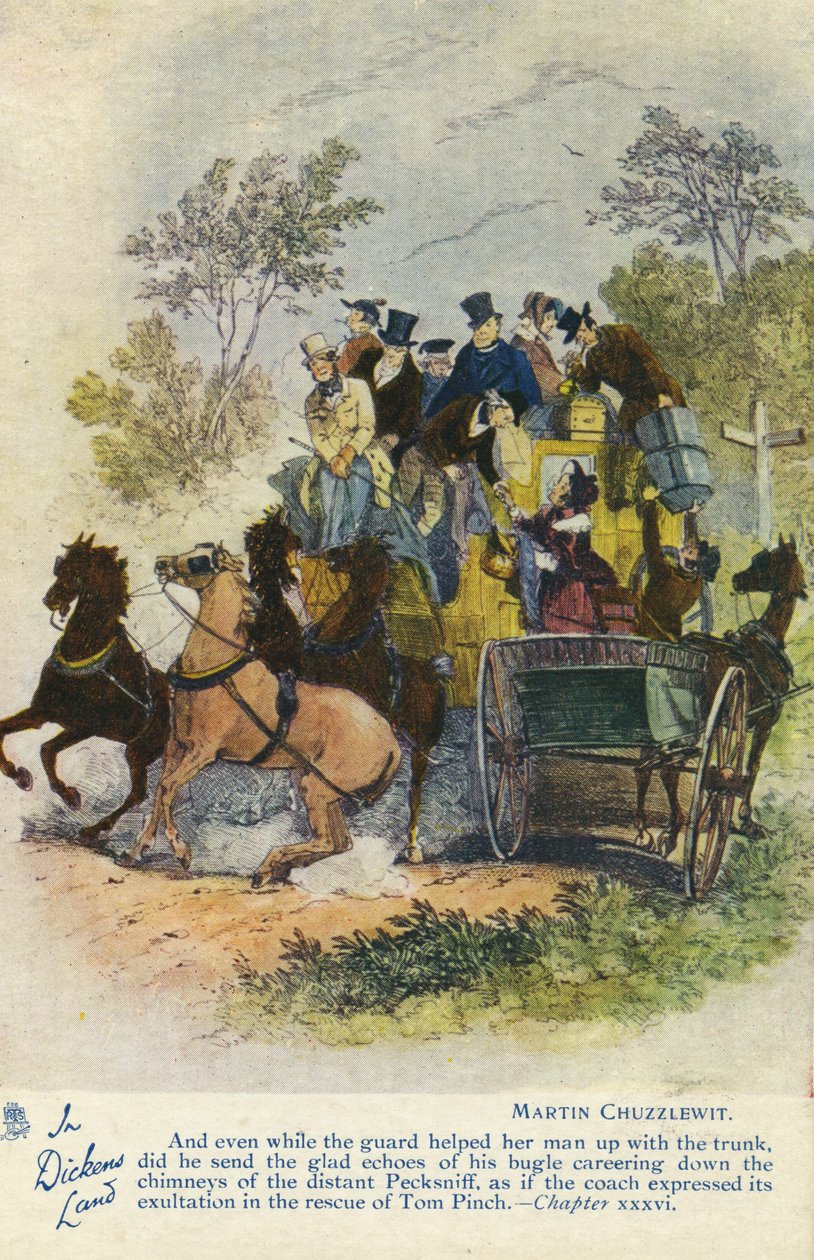 Na terra de Dickens - cartão de Martin Chuzzlewit, c.1907 de Hablot Knight Browne
