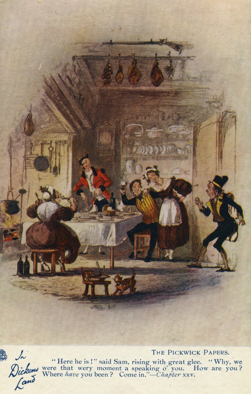 Na terra de Dickens - o cartão dos papéis de Pickwick, c.1905 de Hablot Knight Browne