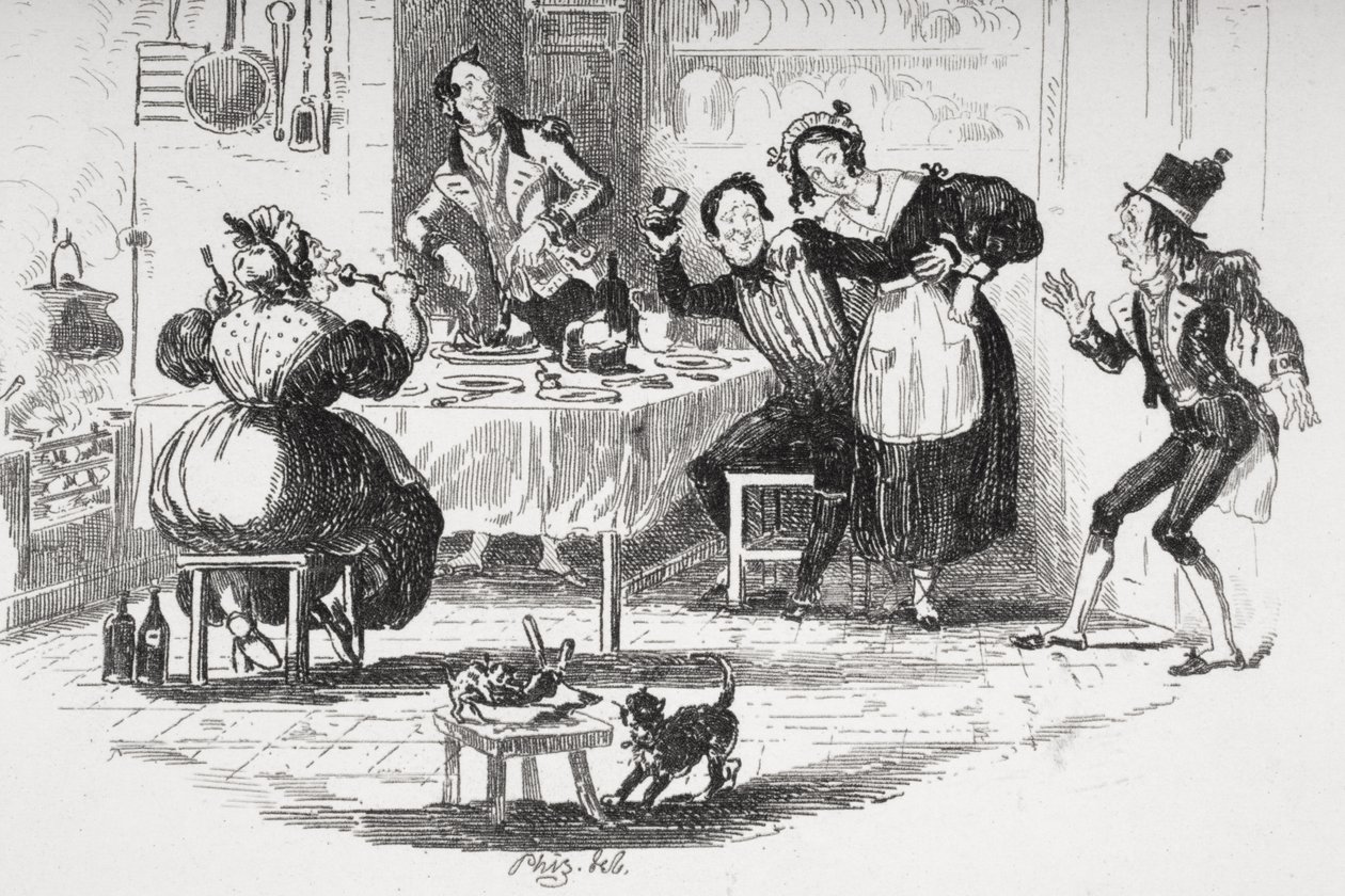 Job Trotter encontra Sam na cozinha de Mr. Muzzle, ilustração de "The Pickwick Papers", de Charles Dickens (1812-1870), publicada em 1837 (ver também 259101) de Hablot Knight Browne