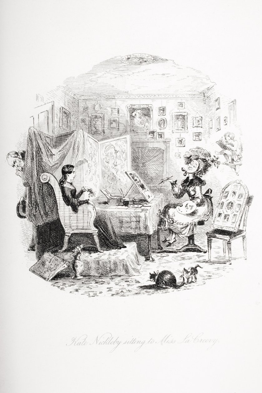 Kate Nickleby sentado a Miss La Creevey, ilustração de `Nicholas Nickleby &39;por Charles Dickens (1812-1870) publicou 1839 de Hablot Knight Browne