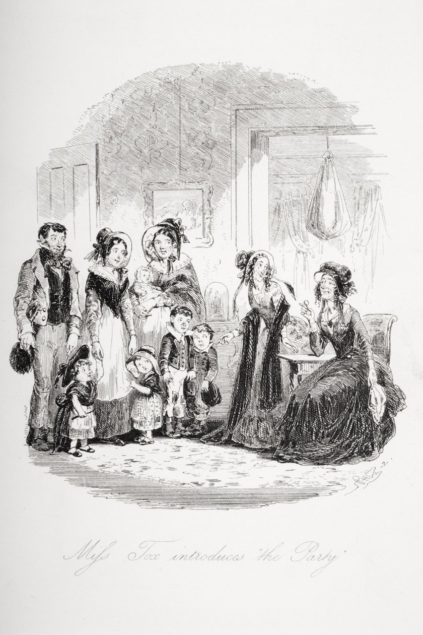 Miss Tox apresenta "O Partido", ilustração de "Dombey and Son", de Charles Dickens (1812-1870), publicado pela primeira vez em 1848 de Hablot Knight Browne