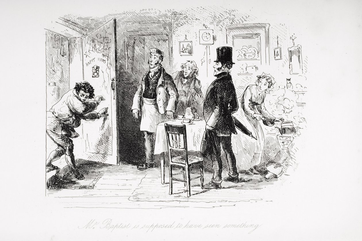 O Sr. Baptista supostamente viu alguma coisa, ilustração de "Little Dorrit", de Charles Dickens (1812-1870), publicada pela primeira vez em 1857. de Hablot Knight Browne