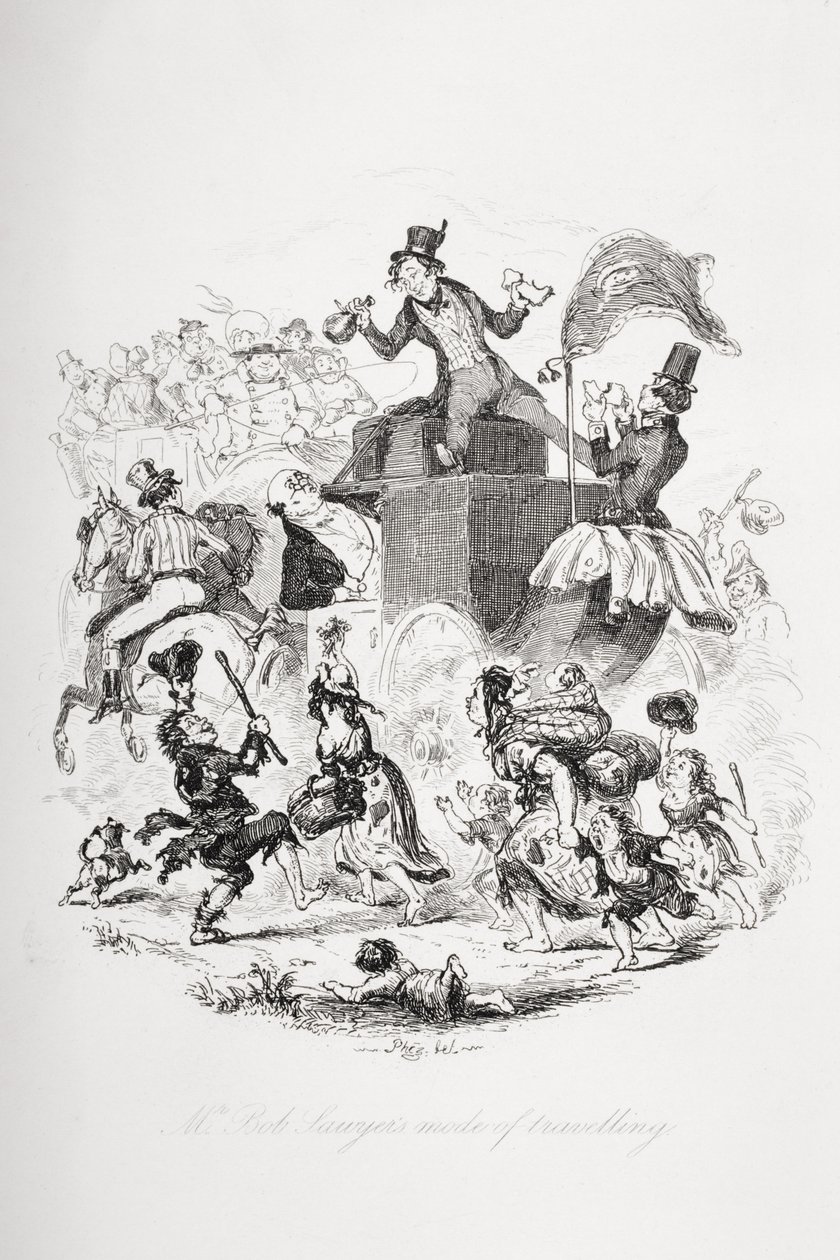 O modo de viagem do Sr. Bob Sawyer, ilustração de "The Pickwick Papers", de Charles Dickens (1812-1870), publicado em 1837 de Hablot Knight Browne