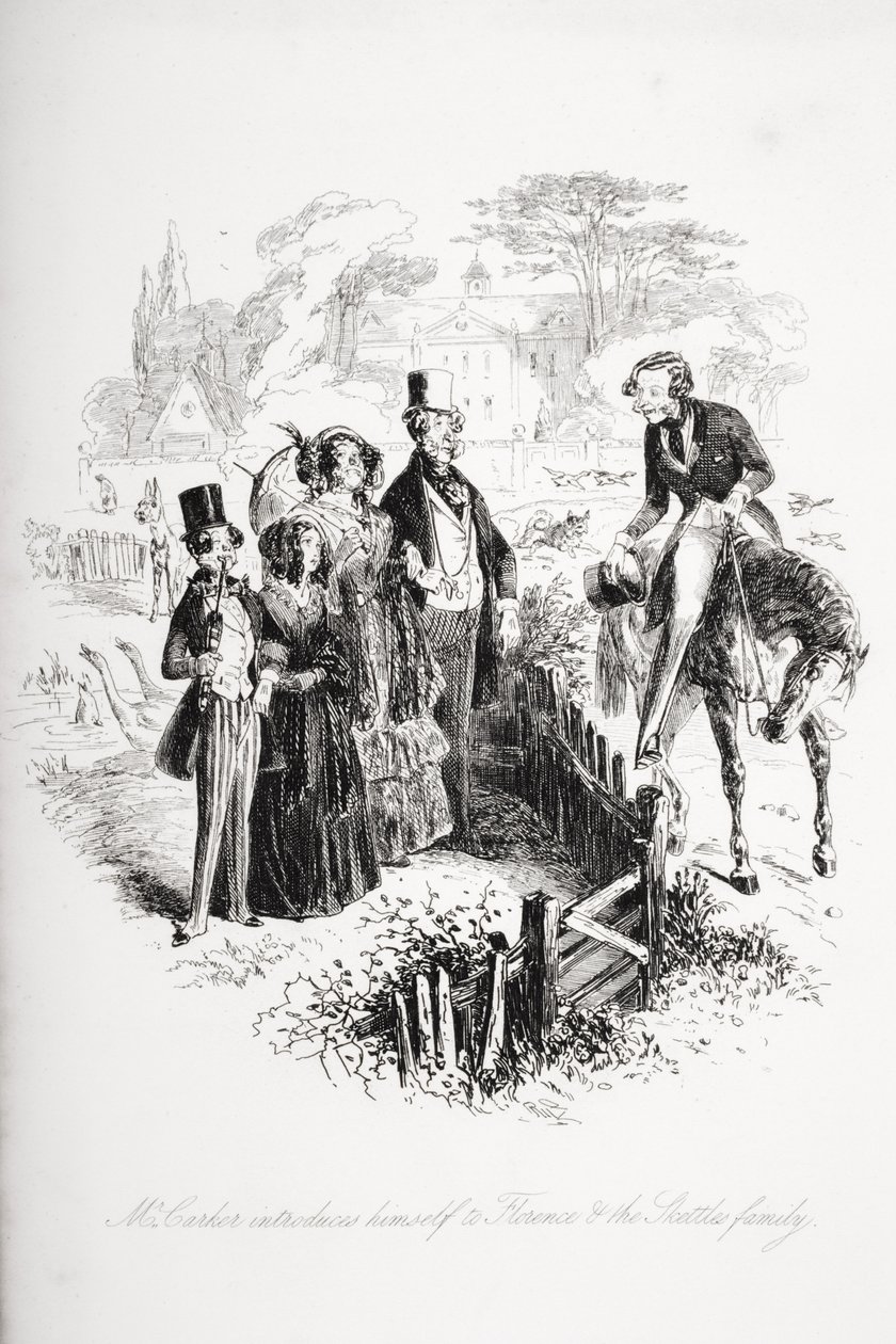 Carker apresenta-se a Florença e à família Skettles, ilustração de "Dombey and Son", de Charles Dickens (1812-1870), publicada pela primeira vez em 1848. de Hablot Knight Browne