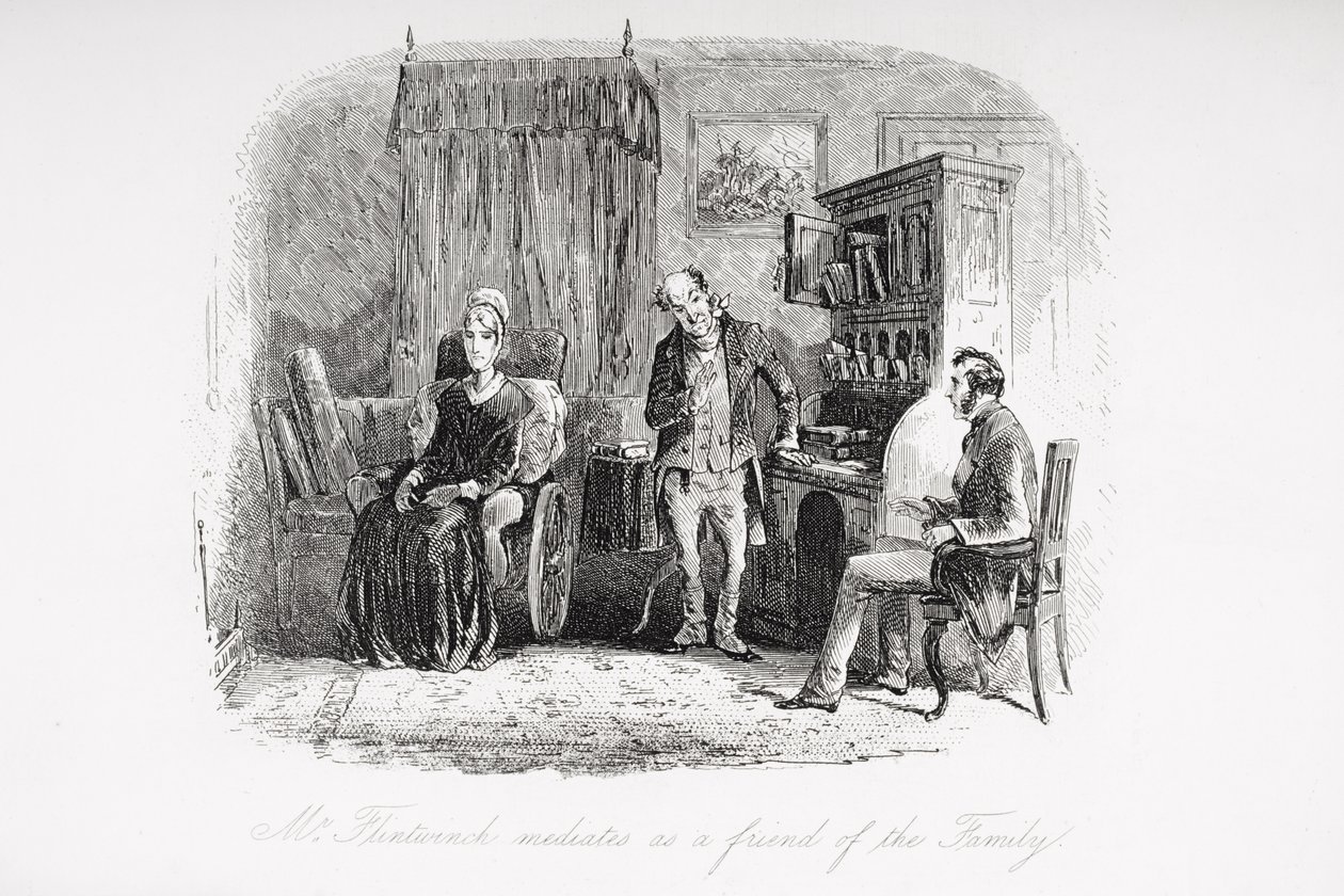 Flintwinch é um amigo da família, ilustração de "Little Dorrit", de Charles Dickens (1812-1870), publicada pela primeira vez em 1857. de Hablot Knight Browne
